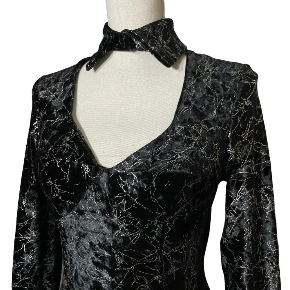 Metallic Velvet Choker Dress M Lightning Silver Crushed A-Line Cutout Skater - Picture 2 of 14